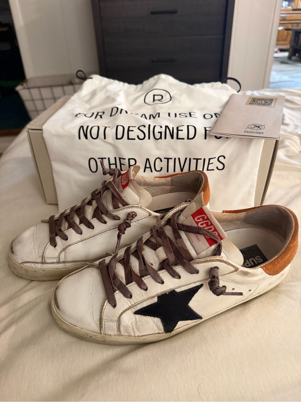 Golden Goose White Sneakers with Black Star and Orange Heel Tab